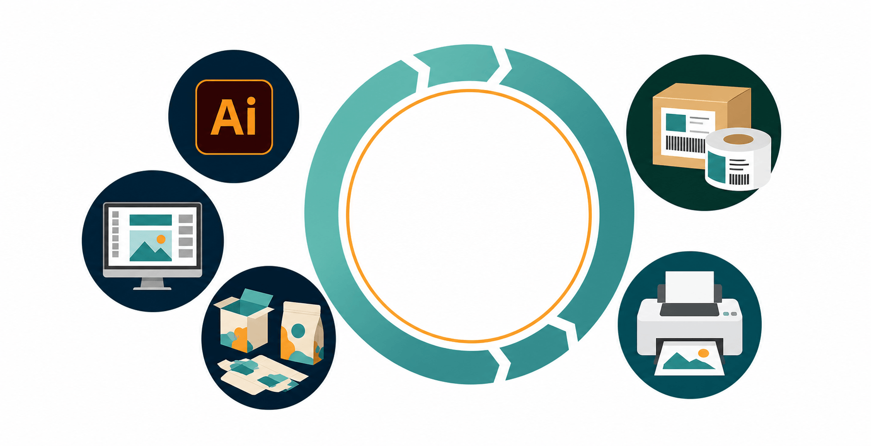 Abstract Tech Collage With App Circles And Printer Icon