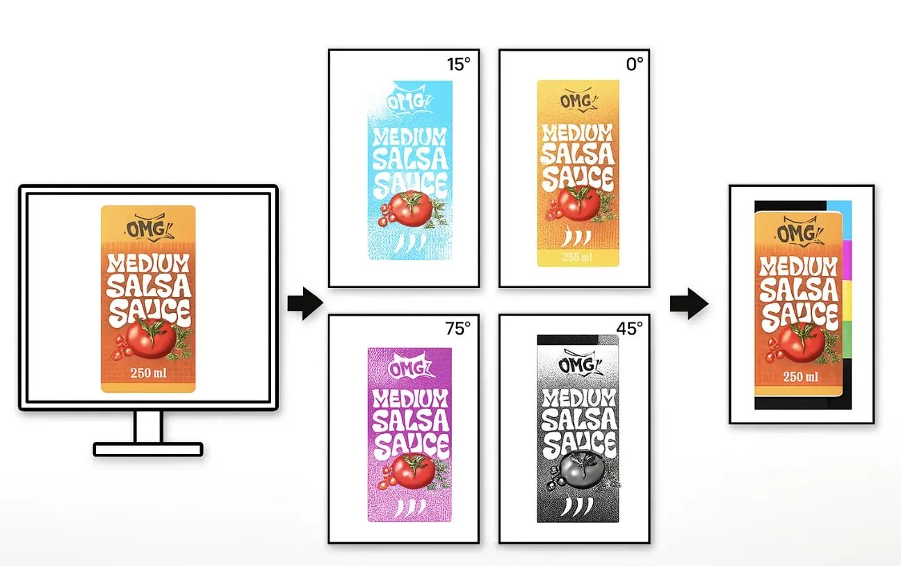 Colour separation view in Cway showing a single spot ink isolated on packaging artwork