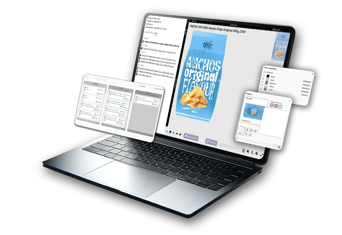 Artwork review software interface for packaging production designed to identify errors and reduce production risks