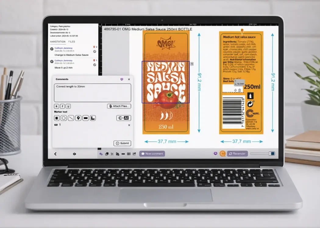PDF annotation and markup of packaging artwork in Cway software during an approval workflow