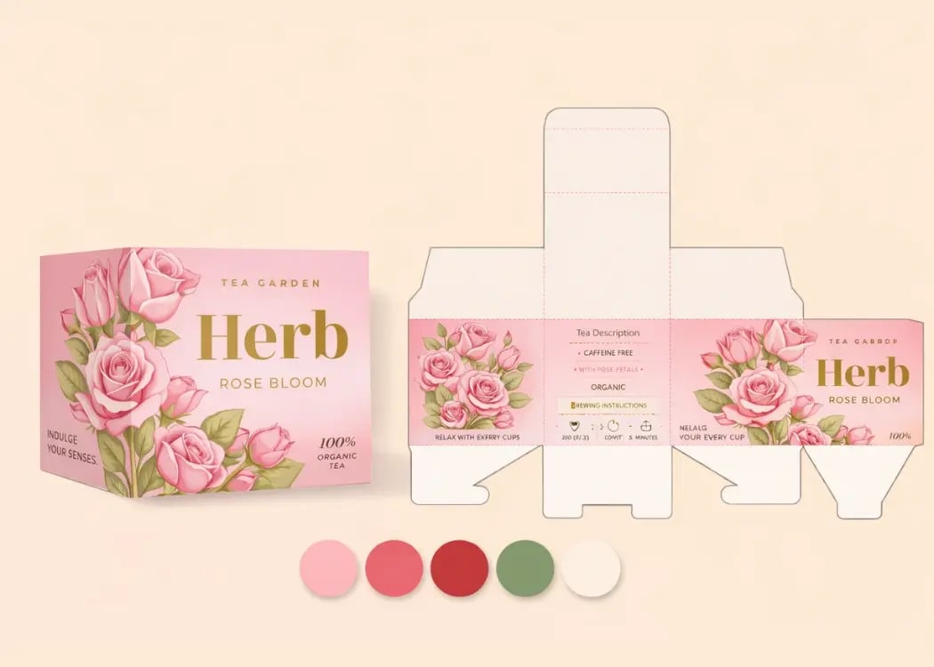 FMCG tea packaging design showing elements of design and principles with rose-themed box, dieline, and color palette