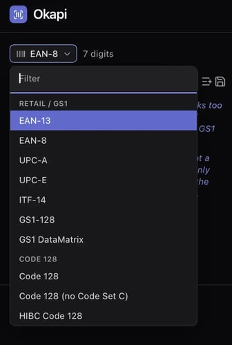 Barcode type selection in Okapi with EAN-13, UPC-A, GS1-128 and DataMatrix options