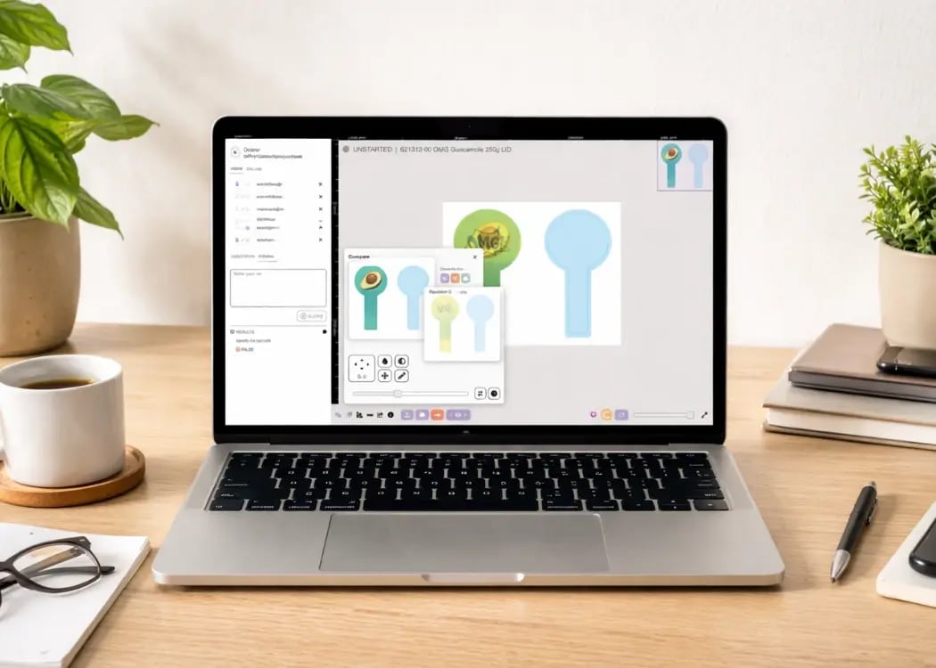 Laptop screen showing packaging design file comparison without Adobe, with artwork versions reviewed side by side