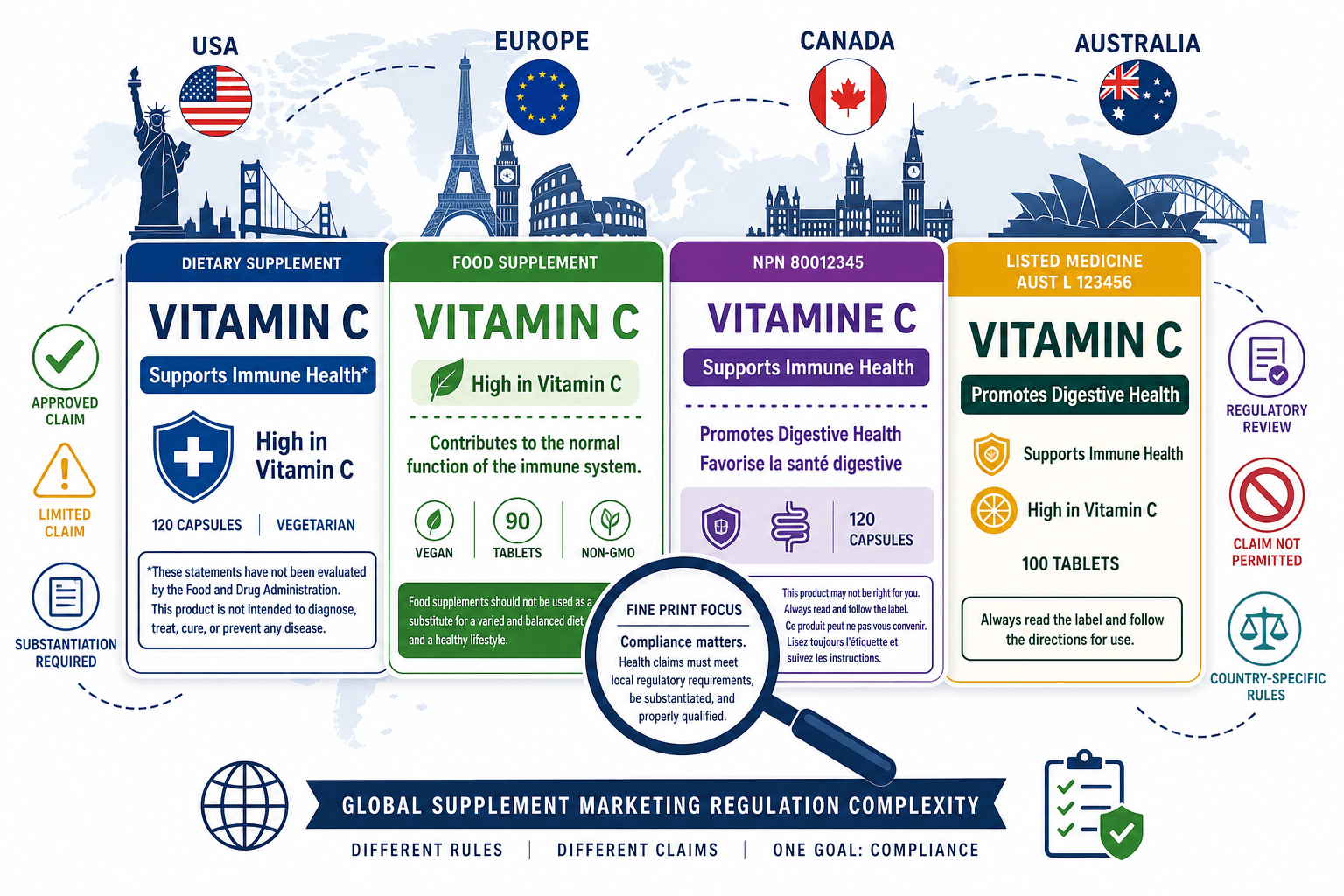 Supplement label compliance across global markets